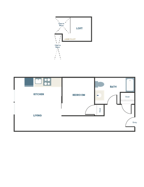 A floor plan of a house with a kitchen, living room, and bathroom.